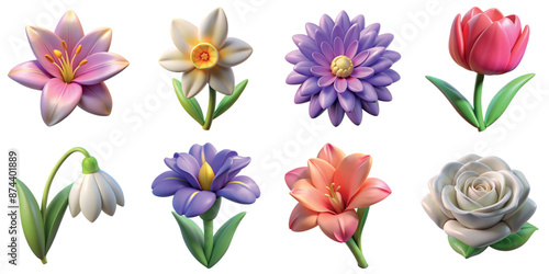 Collection of different 3d flowers illustrations including narcissus, aster, iris, gladiolus