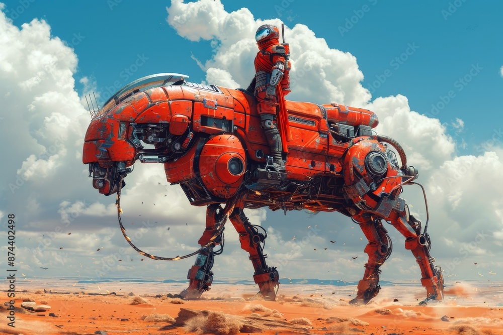 Futuristic scene of a robot horse with a rider in a desert landscape Futuristic scene of a robot horse with a rider in a desert landscape