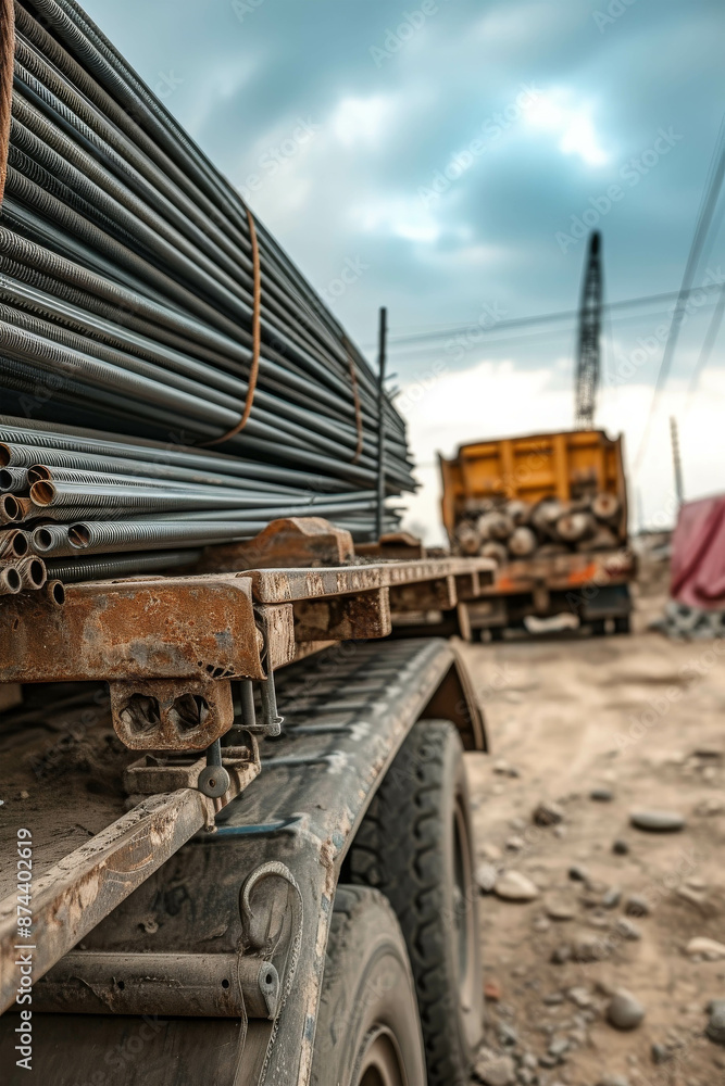 Industrial Truck Loaded with Metal Pipes Navigating Through a Busy Urban Construction Zone Industrial Truck Loaded with Metal Pipes Navigating Through a Busy Urban Construction Zone