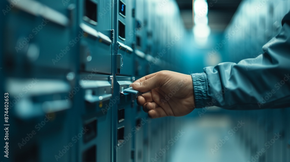 custom made wallpaper toronto digitalPerson using a smart locker system for package delivery, Realistic, Natural and blue tones, Detailed locker and person