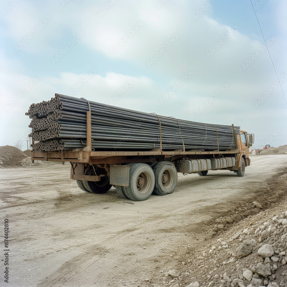 Obraz premium Industrial Truck Loaded with Metal Pipes Navigating Through a Busy Urban Construction Zone
