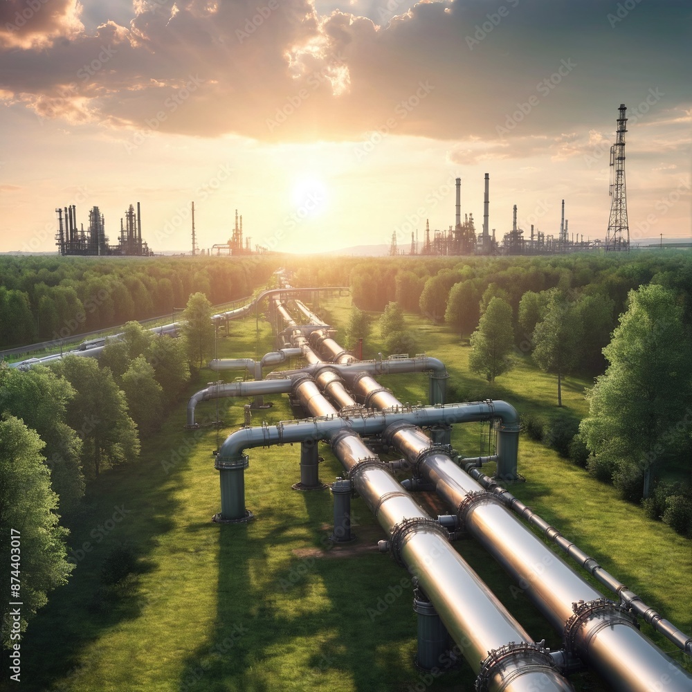 Gas and oil pipeline crosses green landscape with forest to the ...