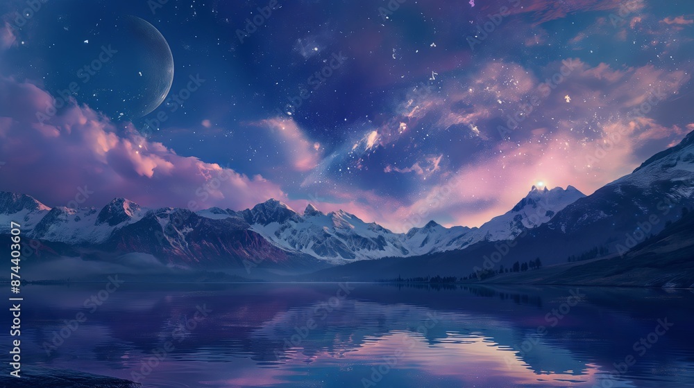 beautiful sky over mountains and lakes with a distant moon beautiful sky over mountains and lakes with a distant moon