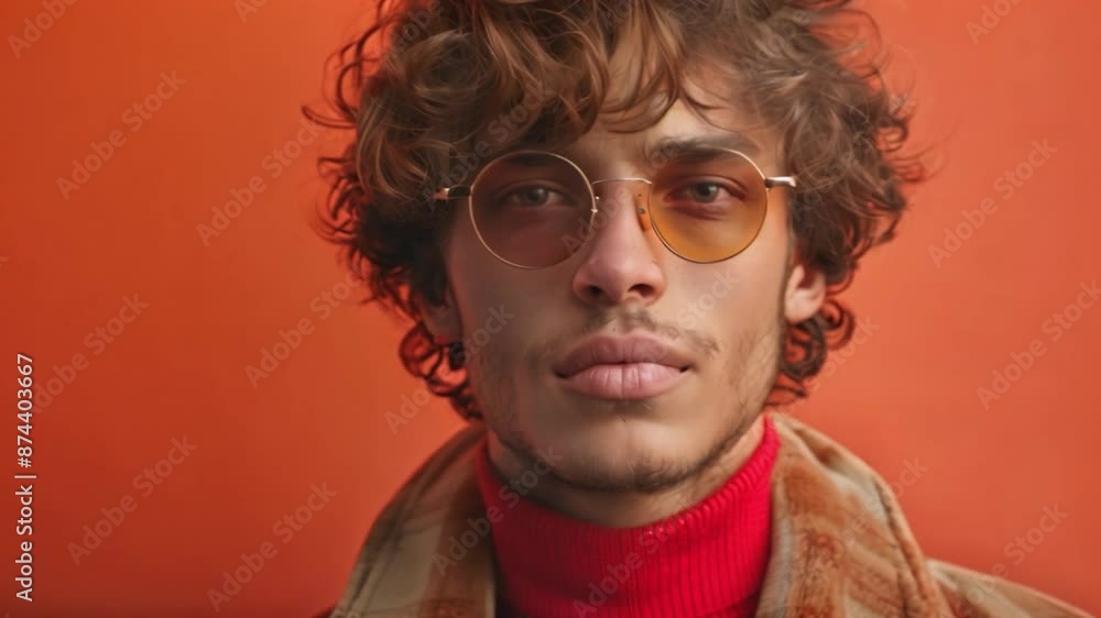 A man with curly brown hair wears round orange-tinted sunglasses and a red turtleneck sweater against an orange background. A man with curly brown hair wears round orange-tinted sunglasses and a red turtleneck sweater against an orange background.