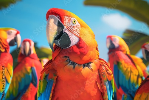 a surreal illustration of parrots with brightly colored feathers larger than life photo