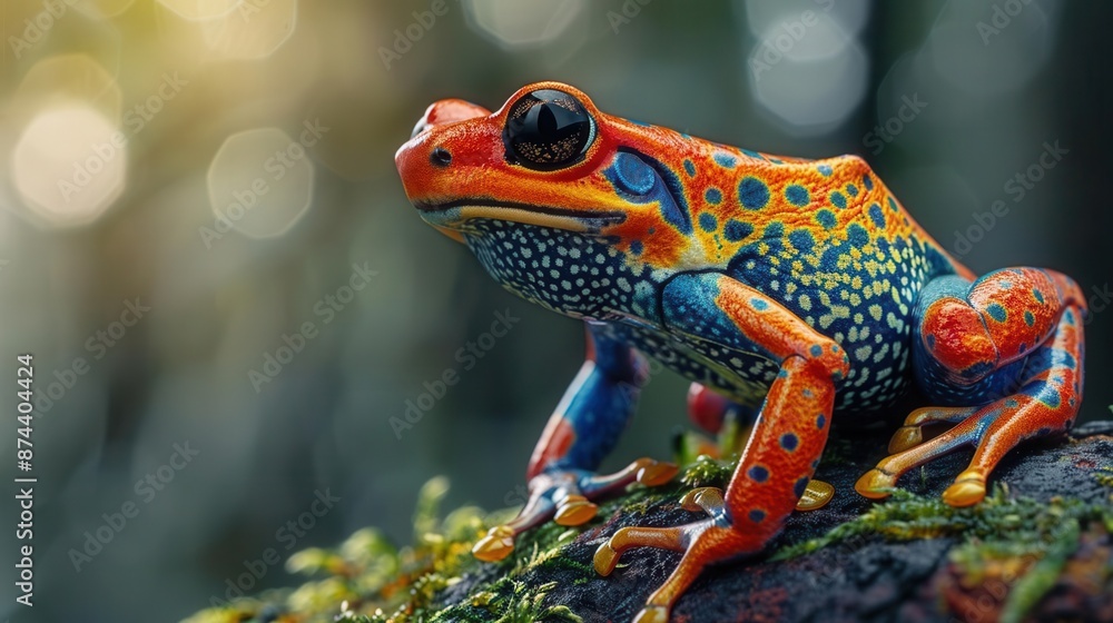 A brightly colored frog is sitting on a rock in the middle of a rainforest A brightly colored frog is sitting on a rock in the middle of a rainforest