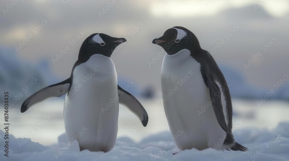 Fototapeta premium Two penguins standing on the ice in Antarctica