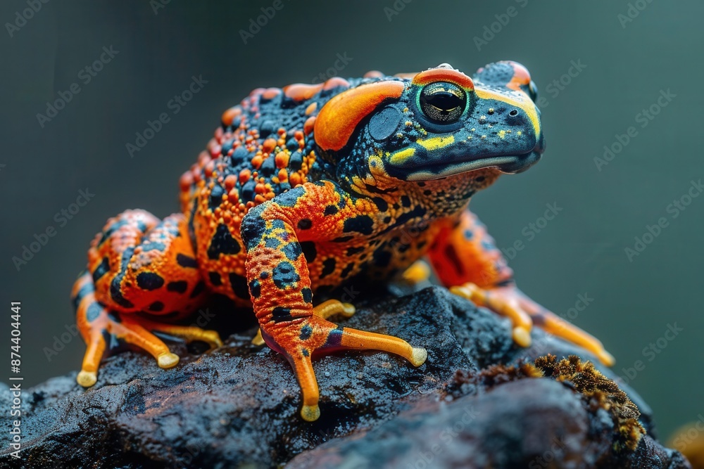 Fototapeta premium A brightly colored frog with blue, orange, and yellow markings is sitting on a rock. The frog is looking at the camera.