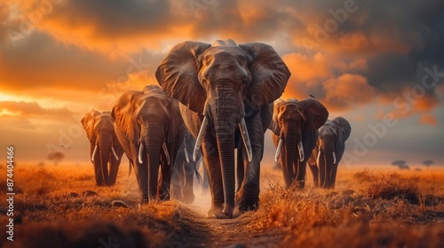 A majestic elephant family is walking through the savanna at sunset. © Boonanan