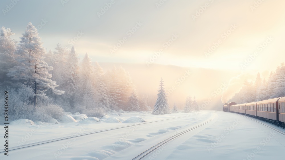Fototapeta premium Winter train journey through snowcovered forest at sunrise