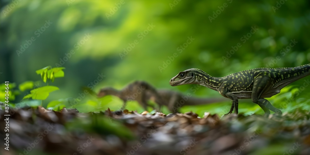 Compsognathus family hunting in a verdant forest with scattered leaves on the ground. Concept Dinosaur Photoshoot, Family Adventure, Forest Scene, Leafy Environment, Hunting Behavior Compsognathus family hunting in a verdant forest with scattered leaves on the ground. Concept Dinosaur Photoshoot, Family Adventure, Forest Scene, Leafy Environment, Hunting Behavior