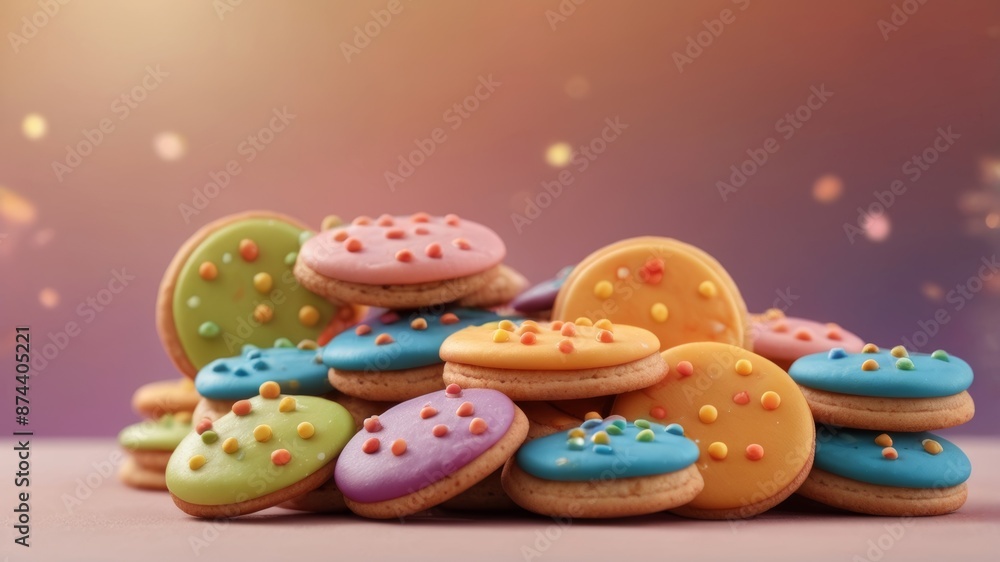 Colorful background with pile of cookies topped with sprinkles. Colorful background with pile of cookies topped with sprinkles.