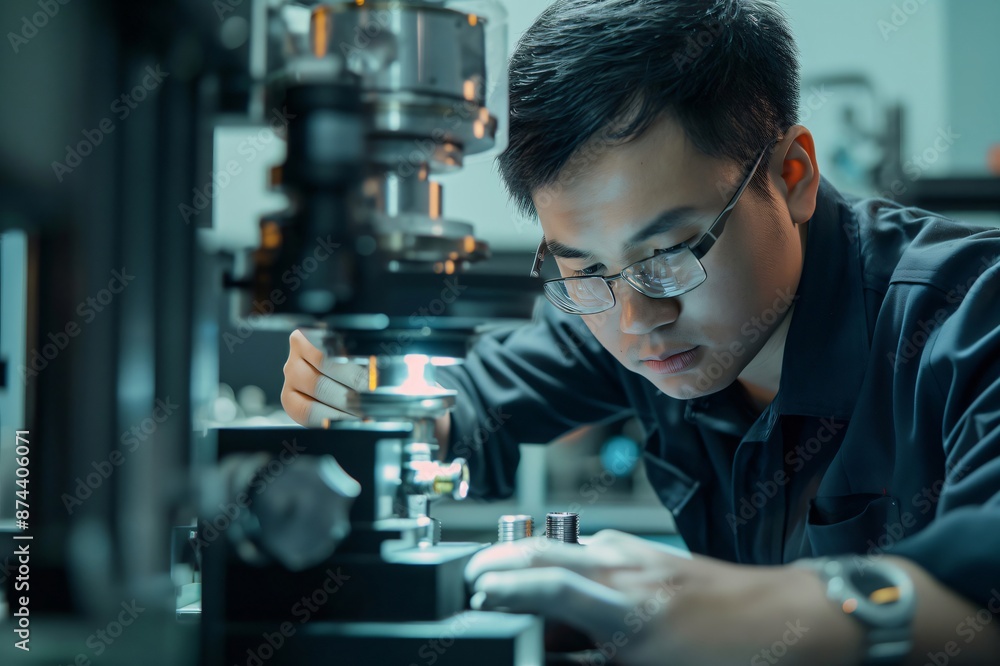 Technician wearing safety glasses is using a measuring machine in a factory, carefully inspecting a small metal part Technician wearing safety glasses is using a measuring machine in a factory, carefully inspecting a small metal part