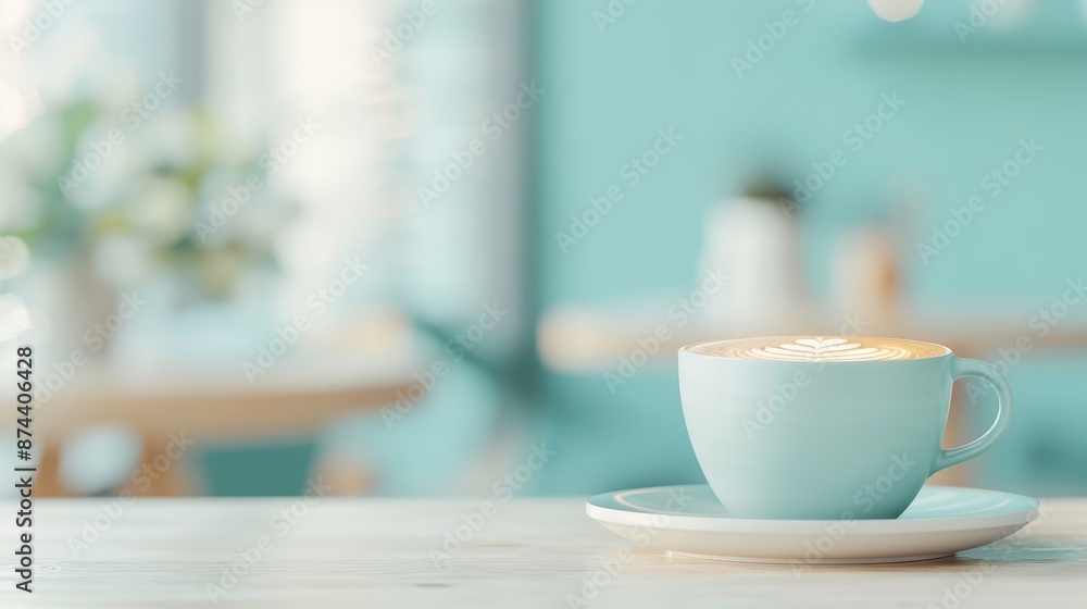 Serene coffee cup with latte art in pastel caf? setting Serene coffee cup with latte art in pastel caf? setting