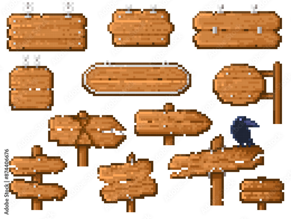 Pixel wooden pointer. Retro video game 8 bit frame with plank board sign, vintage app developer tool, old school direction signal. Vector collection Pixel wooden pointer. Retro video game 8 bit frame with plank board sign, vintage app developer tool, old school direction signal. Vector collection