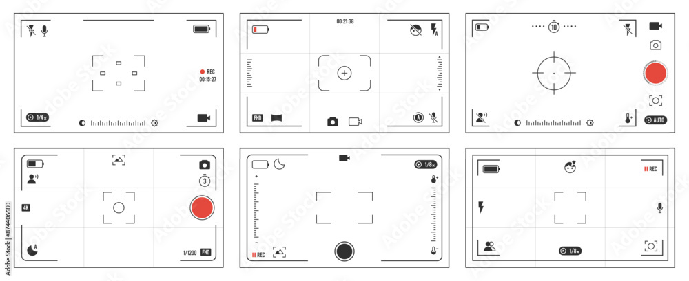 Camera viewfinder ui. Photo and video recording screen interface of camera, dslr video camera and camcorder viewfinder graphic elements. Vector viewfinders ui isolated set.