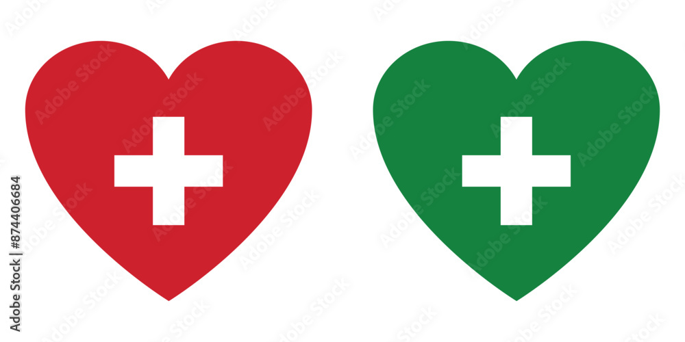 Obraz premium Set of health care red cross with heart sign. Medicine health hospital signs collection. First aid vector isolated icons.