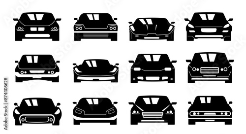 Car front black icon. Vehicle side view silhouette, sedan hatchback auto, taxi automobile transport symbol. Vector simple pictogram isolated collection. Speed racing, various urban and sport cars
