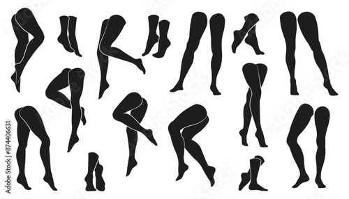 Woman legs silhouette. Female leg sensual dance model, woman foot in tights, woman bare leg sensual dance concept. Vector set barefoot. Smooth skin, isolated feminine body parts on white