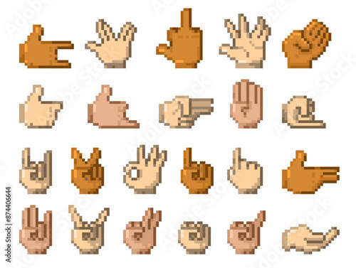 Retro 8 bit hands. Old school pixel human palms with fingers, 8 bit game sprite asset. Vector retro thumbs up and down gestures isolated set