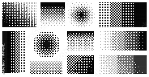 Pixel decay gradient. Abstract geometric dissolve effect with geometric shapes, moving squares and dots. Vector particle explosion and fragmentation