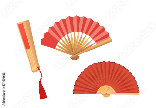 Three Traditional Asian Hand Fans In Vibrant Red Hues, Each With A Wooden Handle. Vector Fans In Different Positions