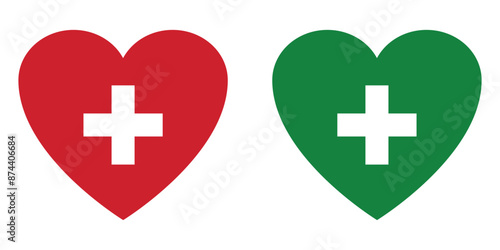 Set of health care red cross with heart sign. Medicine health hospital signs collection. First aid vector isolated icons.