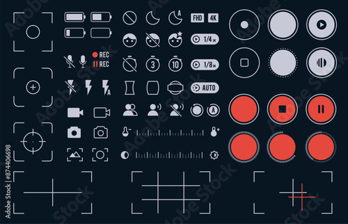 Mobile camera interface. Smartphone screen camera interface with photo and video mode, grid focus and zoom settings, touch focus and flash icons. Vector mobile camera flat illustration