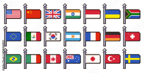 Pixel country flags. Retro flag national symbols of Italy, France, Germany, Japan, USA and others, 8 bit mosaic icons for video game design. Vector pixel country flags isolated set.