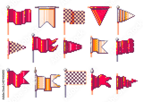 Pixel flags. Retro 8 bit checkered red triangle and rectangular flag icons, vintage game asset, marker and wavy banner button web design element. Vector pixel flags and pennants isolated set
