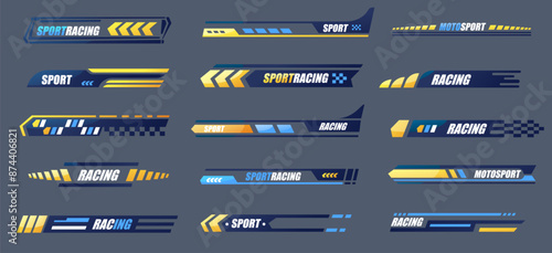 Sport car stripes. Racing car stripe vinyl decals and stickers, automobile vinyl wrap, fast car emblem and badge, motorbike race vehicle graphic. Vector sport car stripes isolated set.