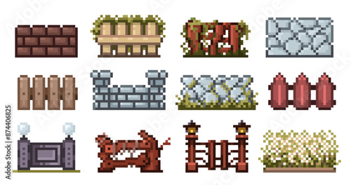 Pixel 8 bit fences. Retro fence wooden plank stone metal brick wall, vintage 2D game asset, cartoon old rural boundary. Vector pixel fence isolated set.