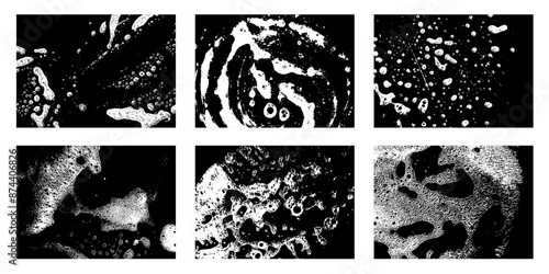 Soap grunge backgrounds. Sudsy foam and bubbles texture, foam water and detergent stains, wet lather and foam insulation. Vector set. Laundry and washing froth, hygiene or household concept