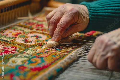 Craftsman meticulously weaving intricate patterns onto a traditional rug using colorful threads on a loom