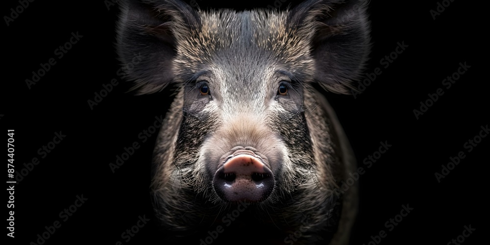 Enigmatic depiction of a wild boar in dim lighting highlighting unique attributes. Concept Wildlife Photography, Low-Light Photography, Boar Portraits Enigmatic depiction of a wild boar in dim lighting highlighting unique attributes. Concept Wildlife Photography, Low-Light Photography, Boar Portraits