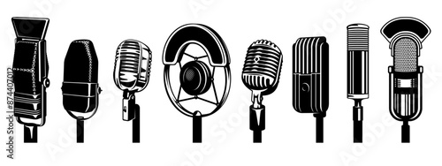 Retro Microphones. Vector silhouette cliparts set.