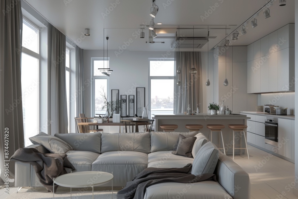 interior, apartment in Scandinavian hygge architectural style, clean modern design featuring grey and white color scheme, beautiful light interior, apartment in Scandinavian hygge architectural style, clean modern design featuring grey and white color scheme, beautiful light
