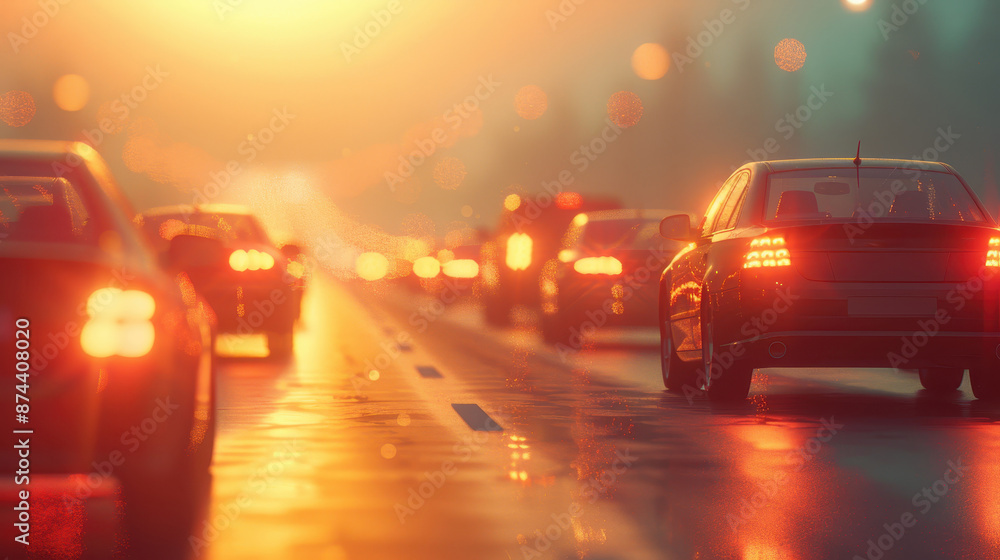 Cars in evening traffic with warm sunset bokeh lighting on wet road surface Cars in evening traffic with warm sunset bokeh lighting on wet road surface