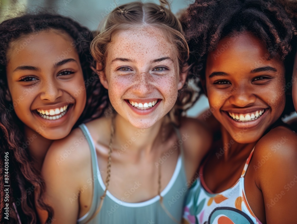 Happy multiethnic girlfriends, smiling teenagers, Happy multiethnic girlfriends, smiling teenagers,