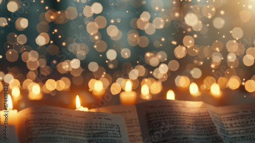 Glowing candles and sheet music with bokeh background  serene evening ambience and tranquil atmosphere photo