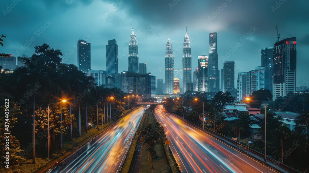 Fototapeta premium Nighttime cityscape of kuala lumpur with petronas towers and light trails on busy roads