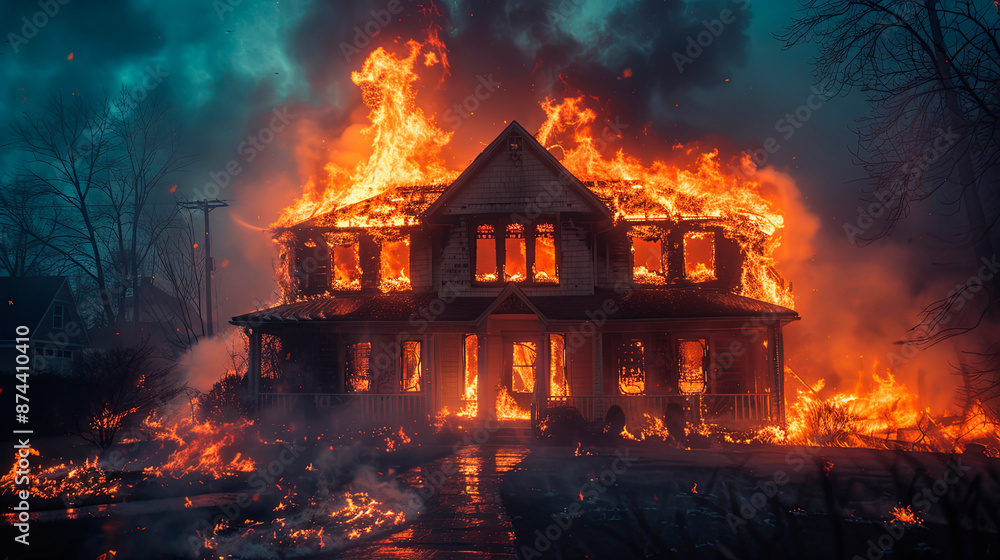 A house engulfed in flames at night, representing a devastating fire. Concept: Emergency response and disaster relief. Suitable for insurance companies, fire safety campaigns, and emergency services. A house engulfed in flames at night, representing a devastating fire. Concept: Emergency response and disaster relief. Suitable for insurance companies, fire safety campaigns, and emergency services.