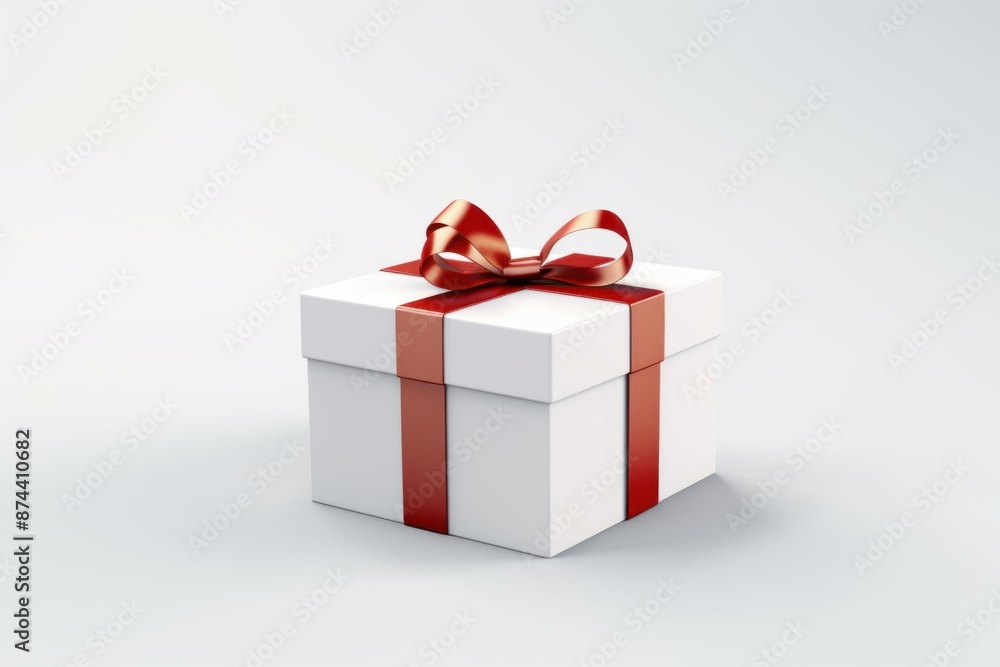 Elegant white gift box tied with a shiny red ribbon, isolated on a white backdrop Elegant white gift box tied with a shiny red ribbon, isolated on a white backdrop