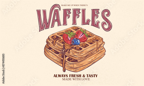 Strawberry and blueberry t-shirt. Waffles hand sketch.  Delicious waffle t shirt design. Food slogan design. Fresh and tasty food.  Vintage food artwork. Hand drawn lettering design. 