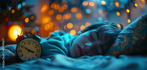 Sleeping Boy With Alarm Clock Under String Lights