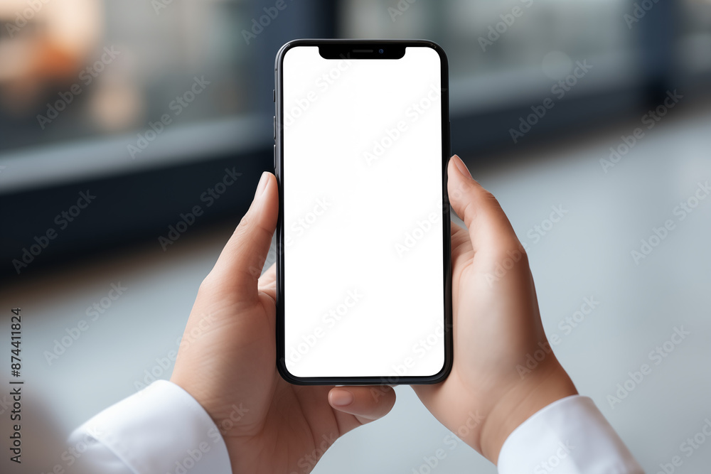 Hand holding blank smartphone screen mockup for your design on blured background Hand holding blank smartphone screen mockup for your design on blured background