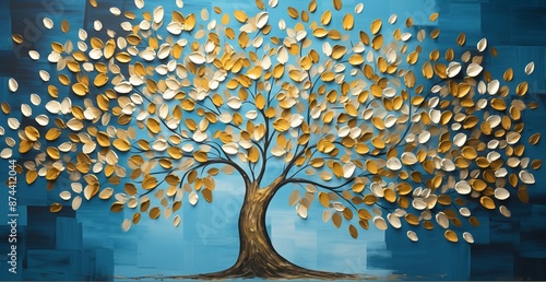 3D tree style paint colors gold and white the flowers, with navy blue paint background 