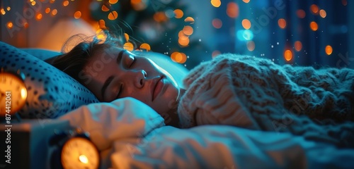 Sleeping Boy With Alarm Clock Under String Lights