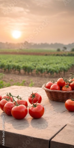 Fresh tomatoes on table, field in background. Harvesting vegetables
