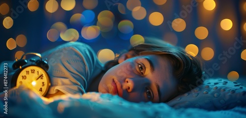 Sleeping Boy With Alarm Clock Under String Lights